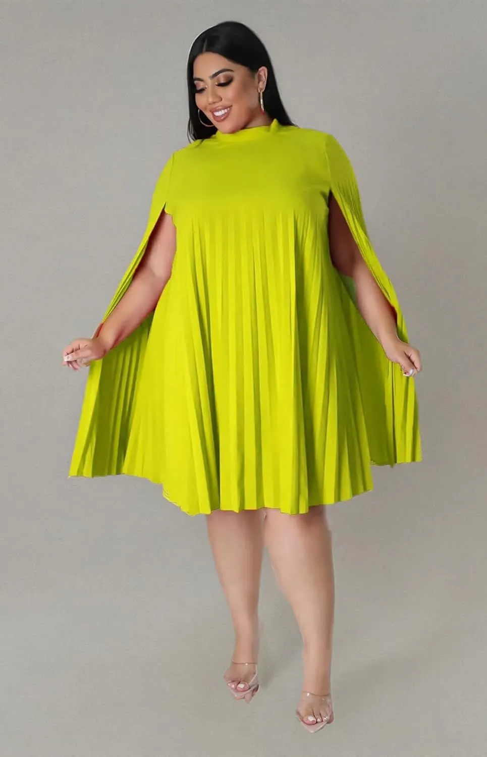 KEYUFANG Womens Plus Size Cape Sleeve Elegant Loose Pleated Short Dress for Cocktail Party