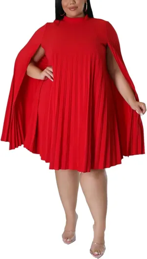 KEYUFANG Womens Plus Size Cape Sleeve Elegant Loose Pleated Short Dress for Cocktail Party