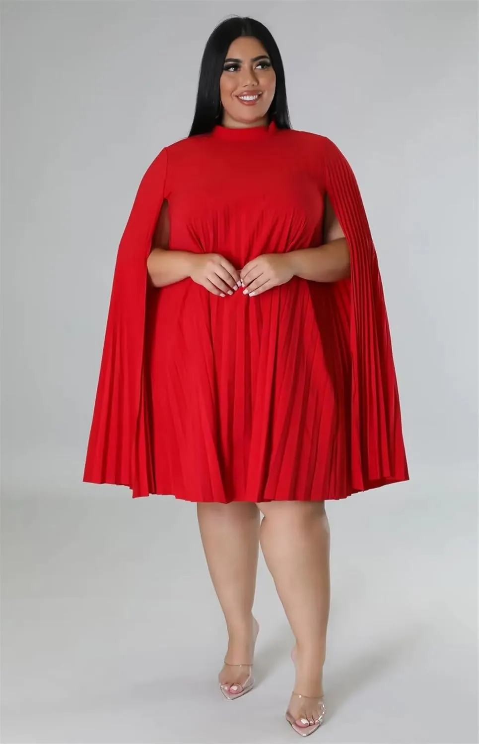 KEYUFANG Womens Plus Size Cape Sleeve Elegant Loose Pleated Short Dress for Cocktail Party