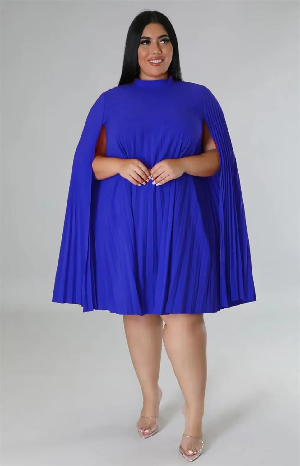 KEYUFANG Womens Plus Size Cape Sleeve Elegant Loose Pleated Short Dress for Cocktail Party
