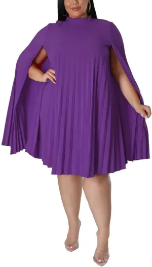 KEYUFANG Womens Plus Size Cape Sleeve Elegant Loose Pleated Short Dress for Cocktail Party