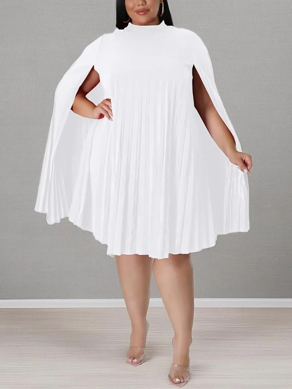KEYUFANG Womens Plus Size Cape Sleeve Elegant Loose Pleated Short Dress for Cocktail Party