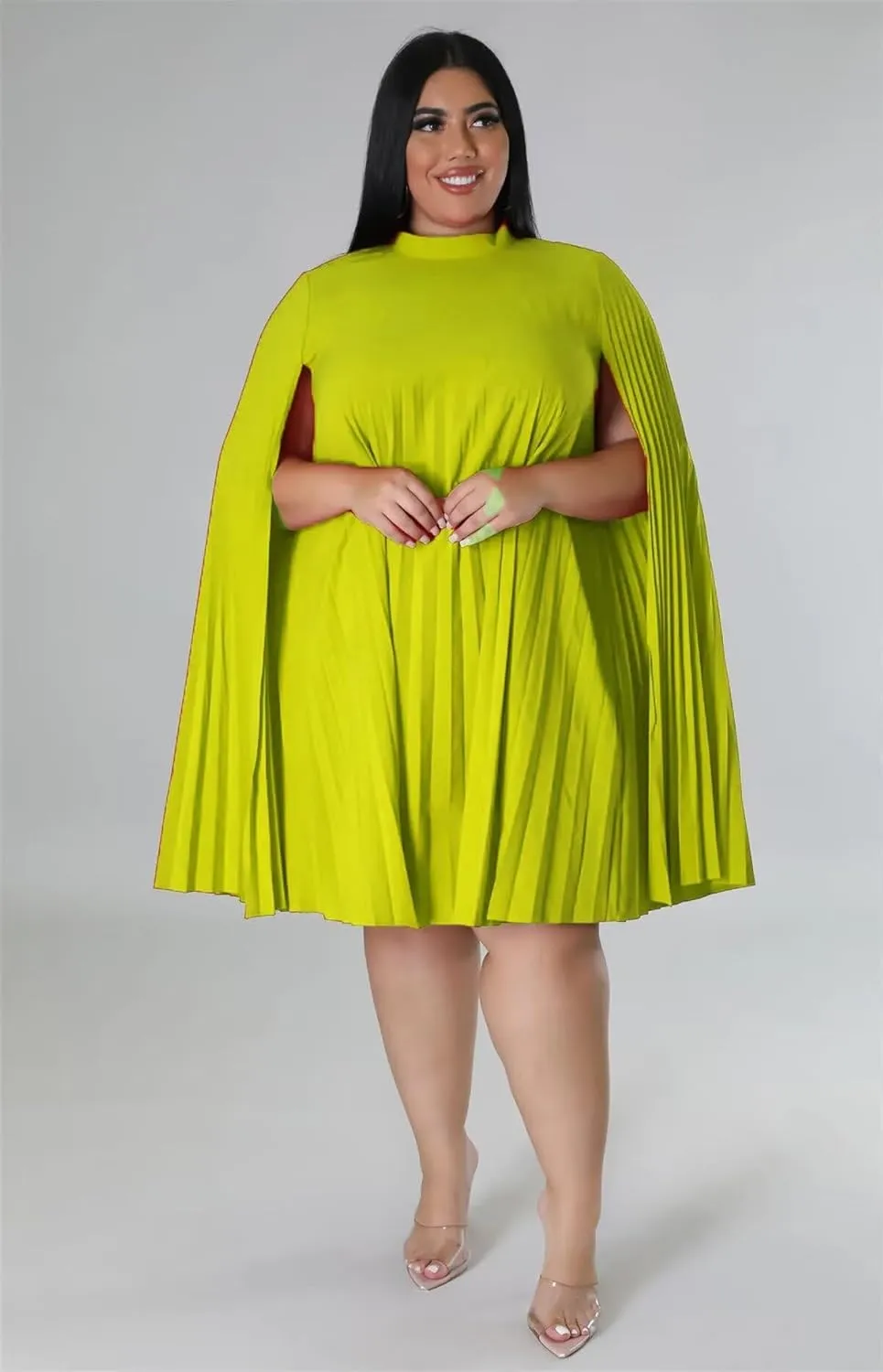 KEYUFANG Womens Plus Size Cape Sleeve Elegant Loose Pleated Short Dress for Cocktail Party
