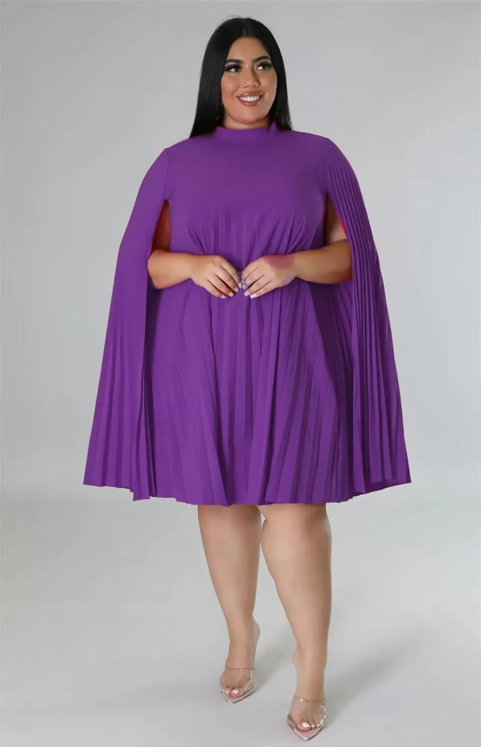 KEYUFANG Womens Plus Size Cape Sleeve Elegant Loose Pleated Short Dress for Cocktail Party