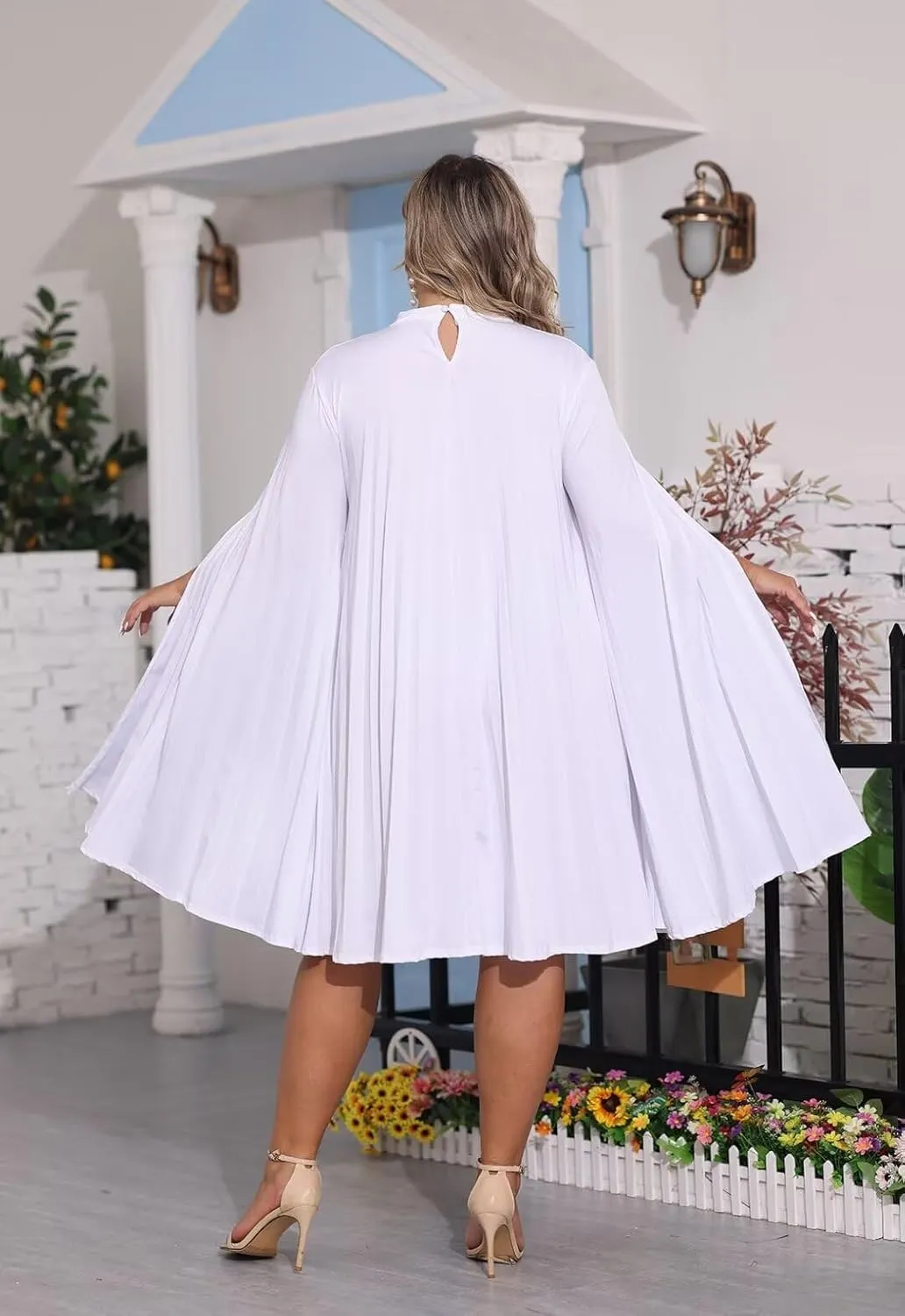 KEYUFANG Womens Plus Size Cape Sleeve Elegant Loose Pleated Short Dress for Cocktail Party