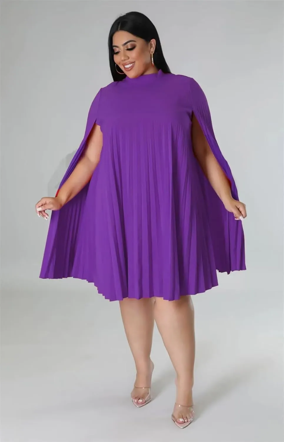 KEYUFANG Womens Plus Size Cape Sleeve Elegant Loose Pleated Short Dress for Cocktail Party