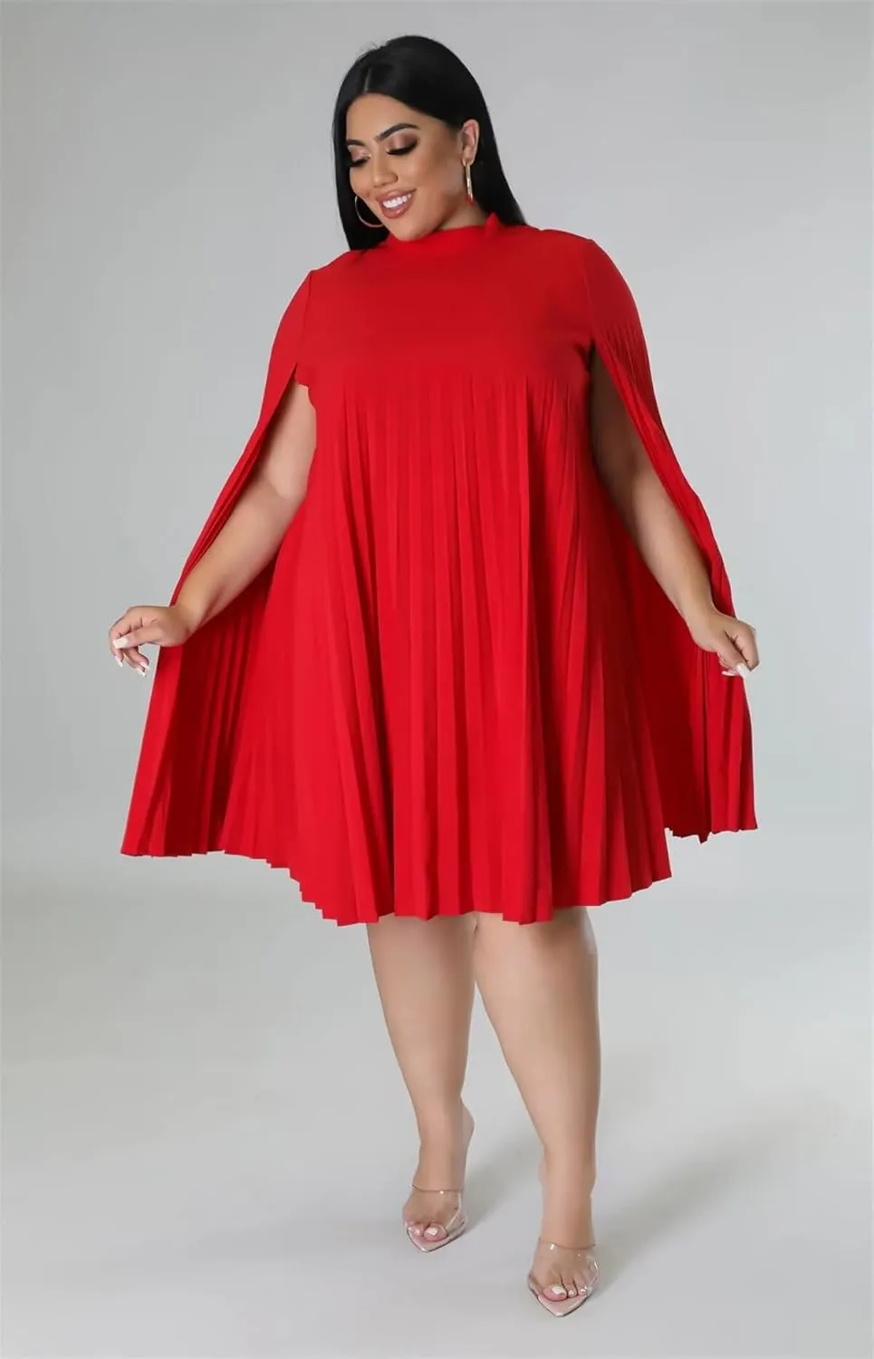 KEYUFANG Womens Plus Size Cape Sleeve Elegant Loose Pleated Short Dress for Cocktail Party