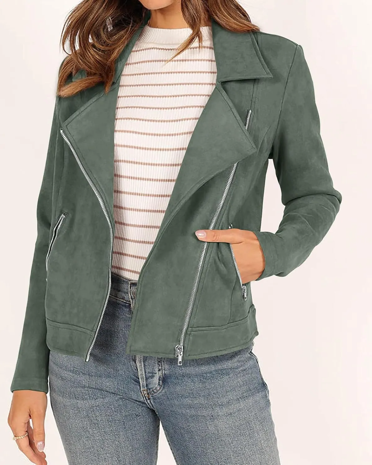 KIRUNDO Womens Faux Suede Jacket 2024 Fall Winter Clothes Casual Zipper Cropped Coat Bomber Biker Moto Jackets Outwear