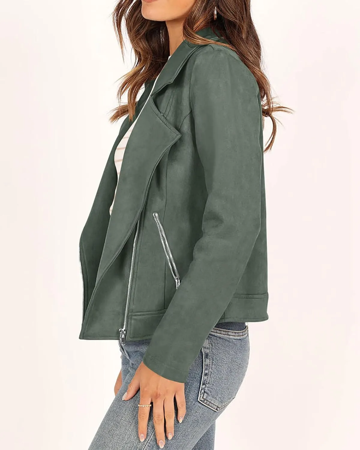 KIRUNDO Womens Faux Suede Jacket 2024 Fall Winter Clothes Casual Zipper Cropped Coat Bomber Biker Moto Jackets Outwear