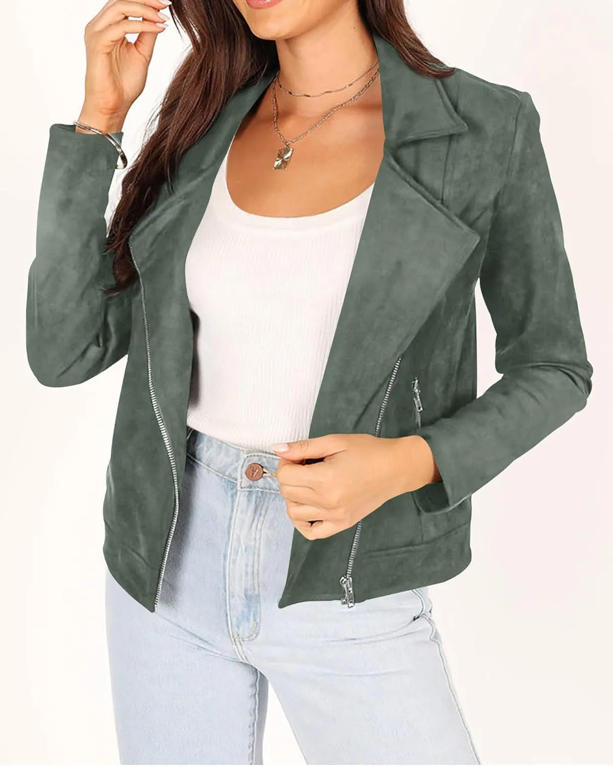 KIRUNDO Womens Faux Suede Jacket 2024 Fall Winter Clothes Casual Zipper Cropped Coat Bomber Biker Moto Jackets Outwear