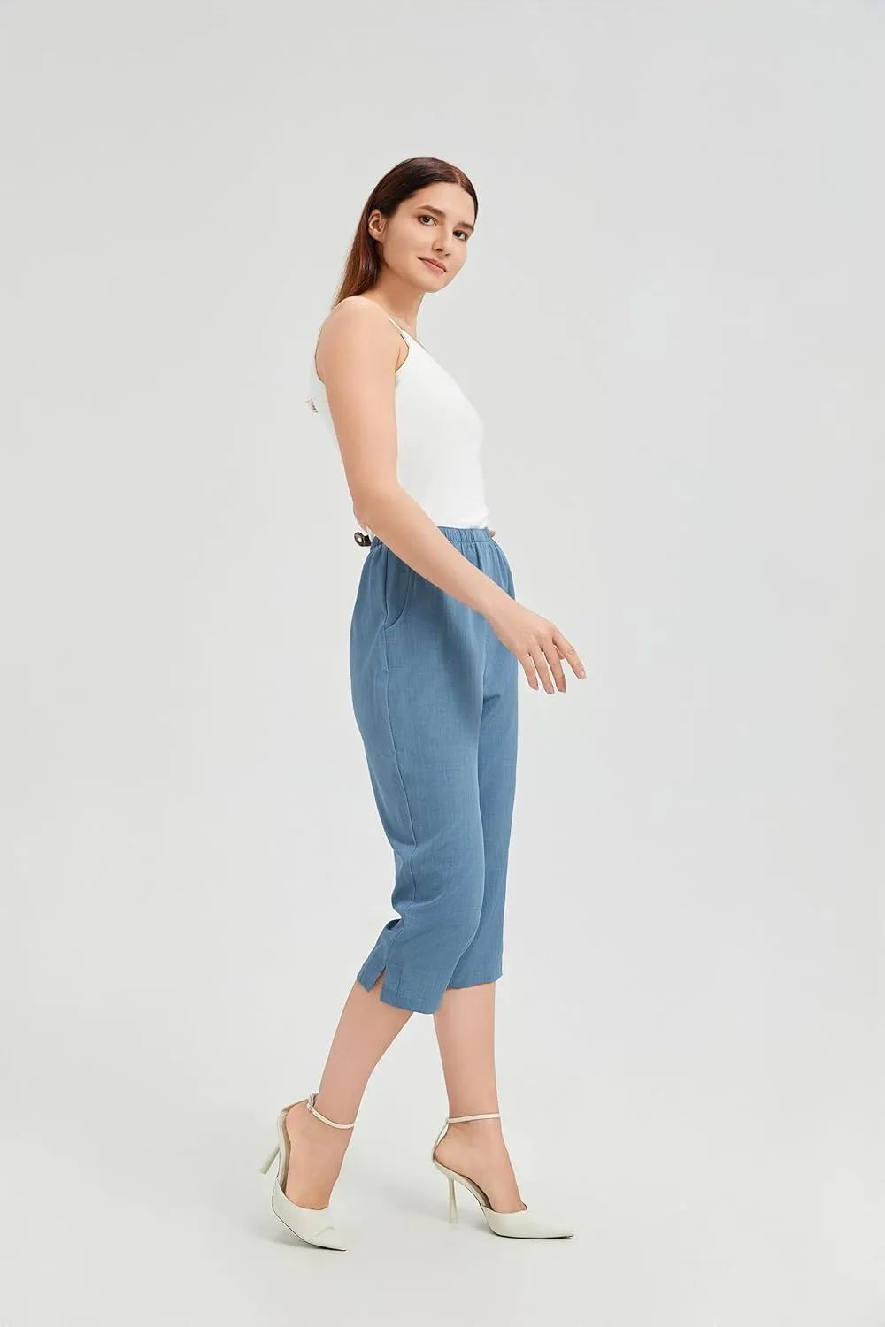 KYAL Women's High Waisted Stretchy Work Capri Pants Straight Leg Business Office Trousers with Pockets