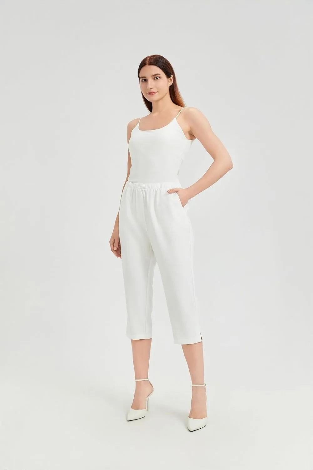 KYAL Women's High Waisted Stretchy Work Capri Pants Straight Leg Business Office Trousers with Pockets