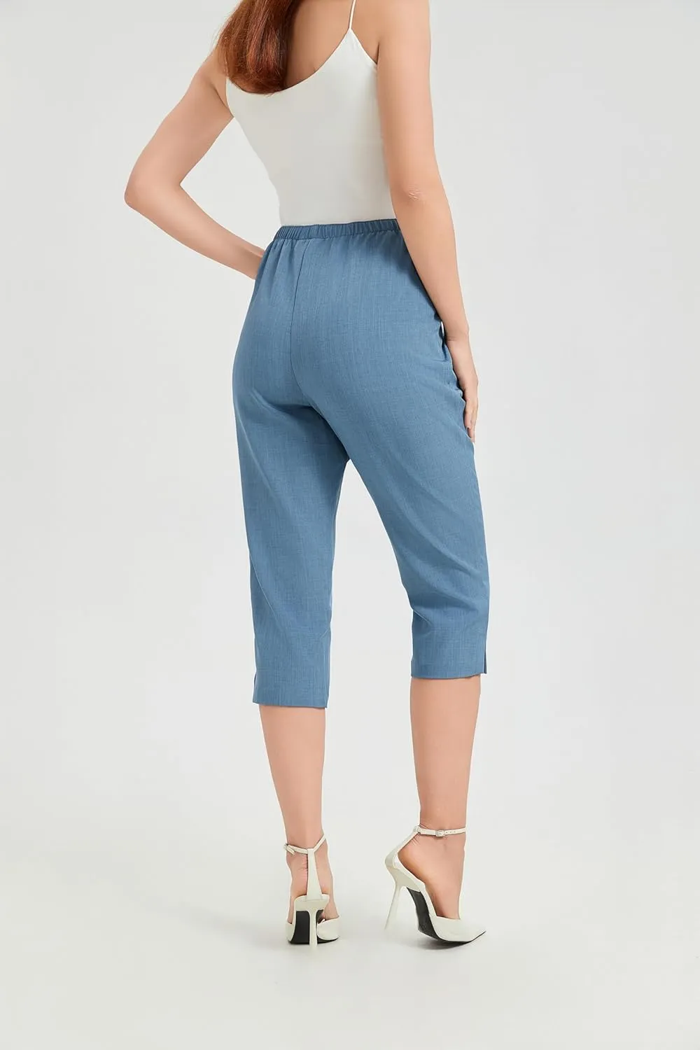 KYAL Women's High Waisted Stretchy Work Capri Pants Straight Leg Business Office Trousers with Pockets