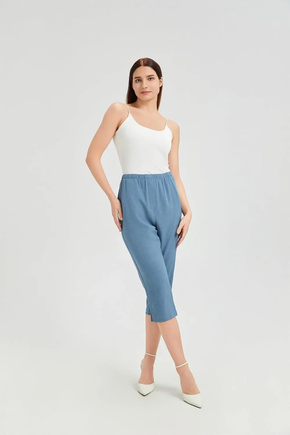 KYAL Women's High Waisted Stretchy Work Capri Pants Straight Leg Business Office Trousers with Pockets