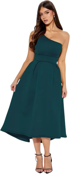 L One Shoulder Midi Dress, A-Line Party Dress, Emerald Green, Pleated Skirt
