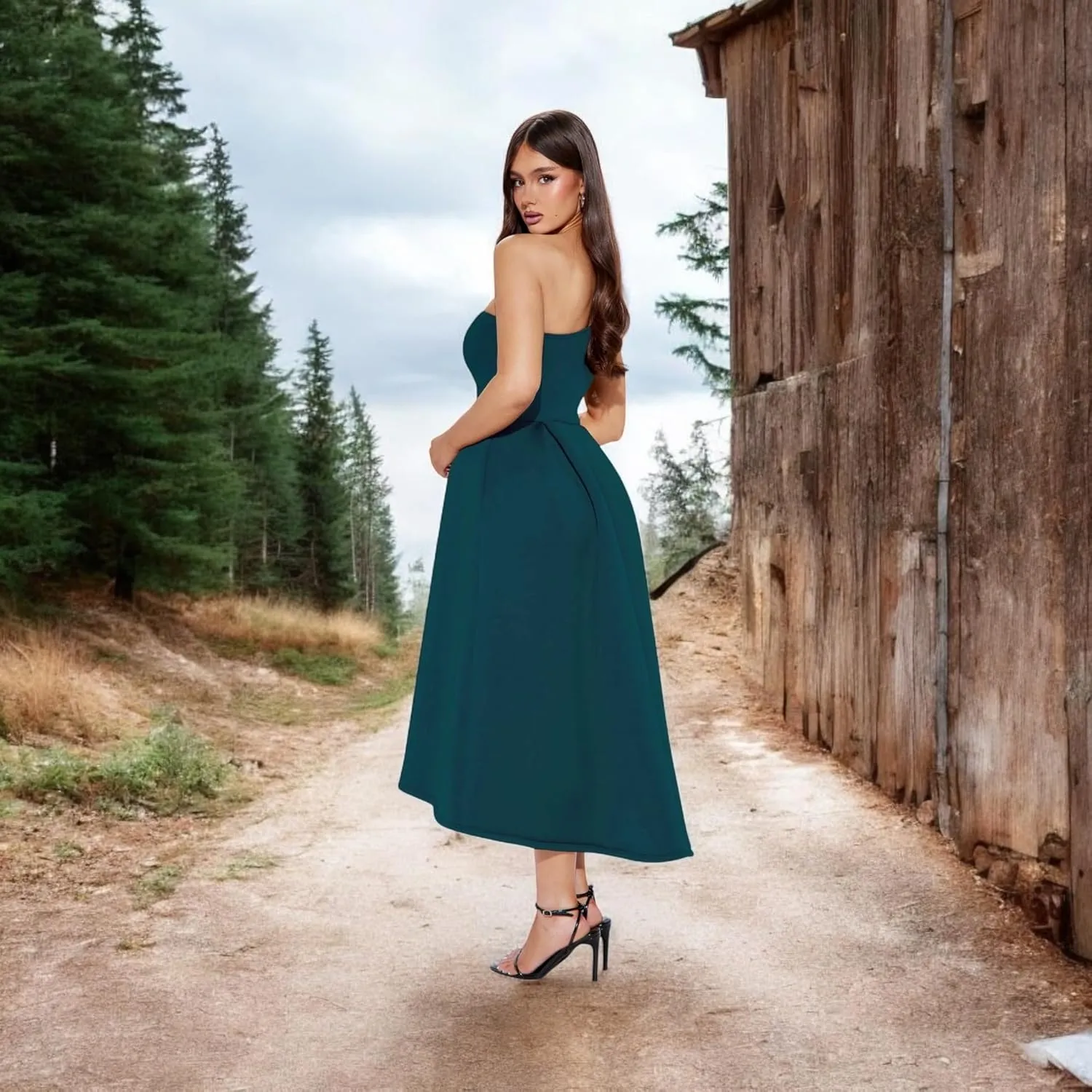 L One Shoulder Midi Dress, A-Line Party Dress, Emerald Green, Pleated Skirt