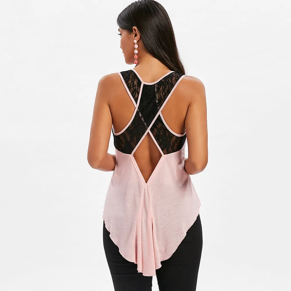 Lace Criss Cross Cut Out Back Tank Top