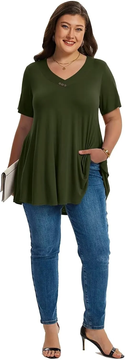 LARACE Plus Size Tops for Womens T Shirts Button Down Summer Clothes Short Sleeve Tunics Casual V Neck Blouses
