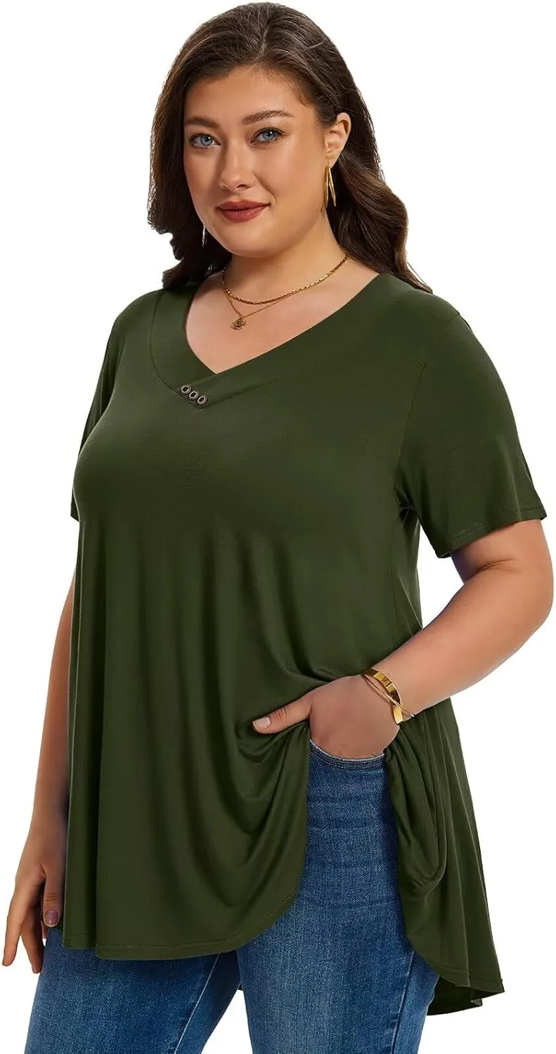 LARACE Plus Size Tops for Womens T Shirts Button Down Summer Clothes Short Sleeve Tunics Casual V Neck Blouses