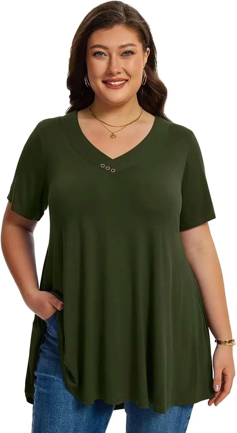LARACE Plus Size Tops for Womens T Shirts Button Down Summer Clothes Short Sleeve Tunics Casual V Neck Blouses