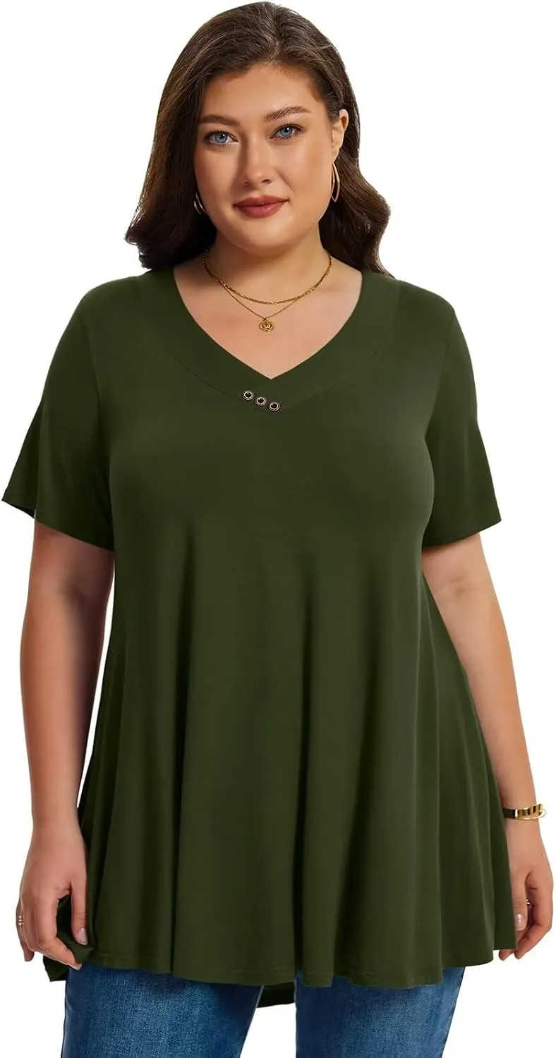 LARACE Plus Size Tops for Womens T Shirts Button Down Summer Clothes Short Sleeve Tunics Casual V Neck Blouses