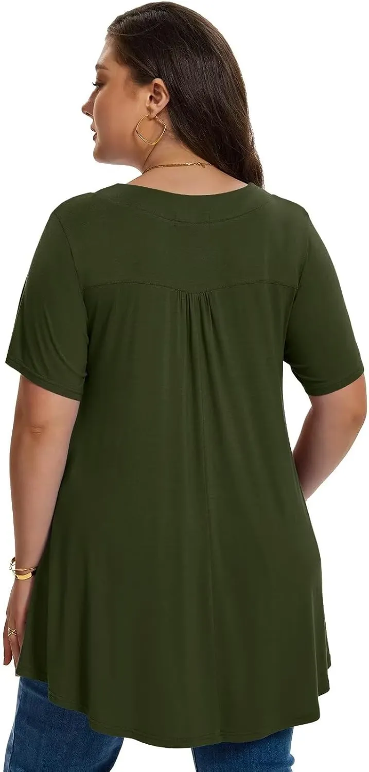 LARACE Plus Size Tops for Womens T Shirts Button Down Summer Clothes Short Sleeve Tunics Casual V Neck Blouses