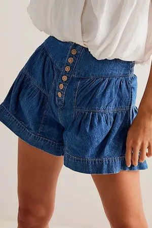 LAST PAIR! Button Front Denim Flounce Shorts- Medium Blue