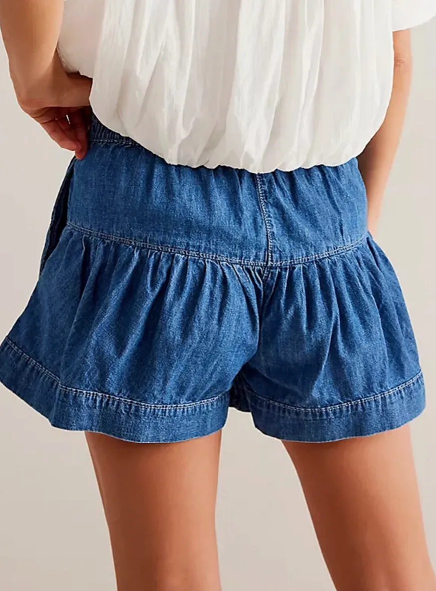 LAST PAIR! Button Front Denim Flounce Shorts- Medium Blue