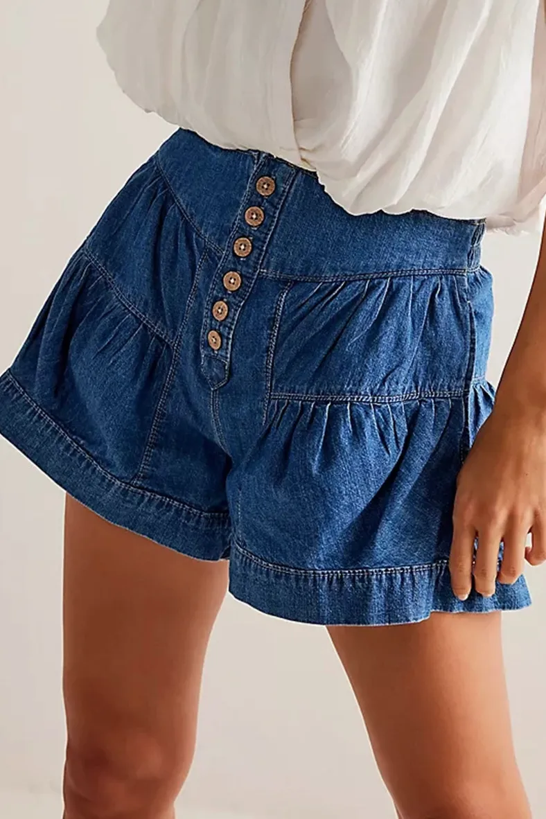 LAST PAIR! Button Front Denim Flounce Shorts- Medium Blue