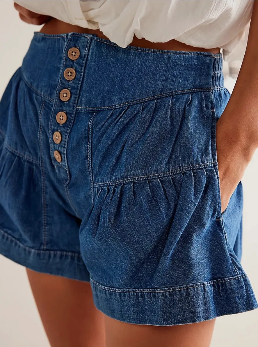 LAST PAIR! Button Front Denim Flounce Shorts- Medium Blue