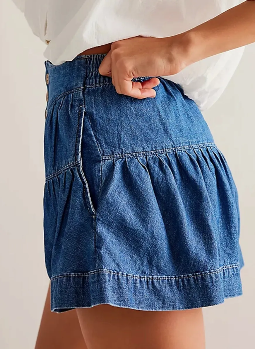 LAST PAIR! Button Front Denim Flounce Shorts- Medium Blue