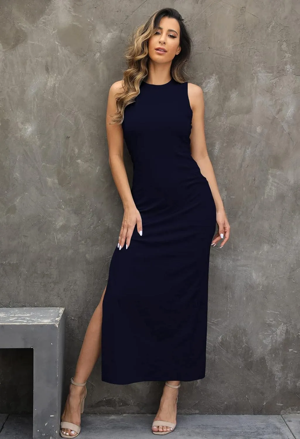 LaSuiveur Women's Sleeveless High Slit Bodycon Causal Dress Summer Beach Party Vacation Tank Maxi Dresses