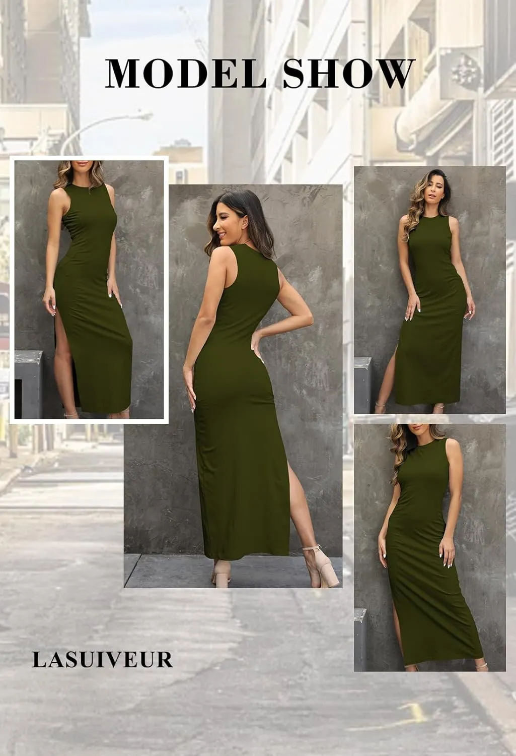 LaSuiveur Women's Sleeveless High Slit Bodycon Causal Dress Summer Beach Party Vacation Tank Maxi Dresses