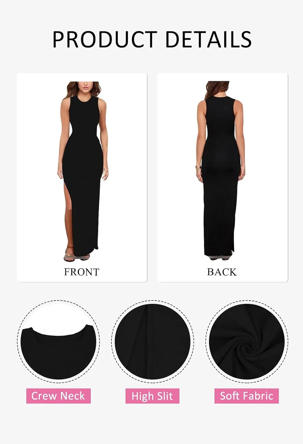 LaSuiveur Women's Sleeveless High Slit Bodycon Causal Dress Summer Beach Party Vacation Tank Maxi Dresses