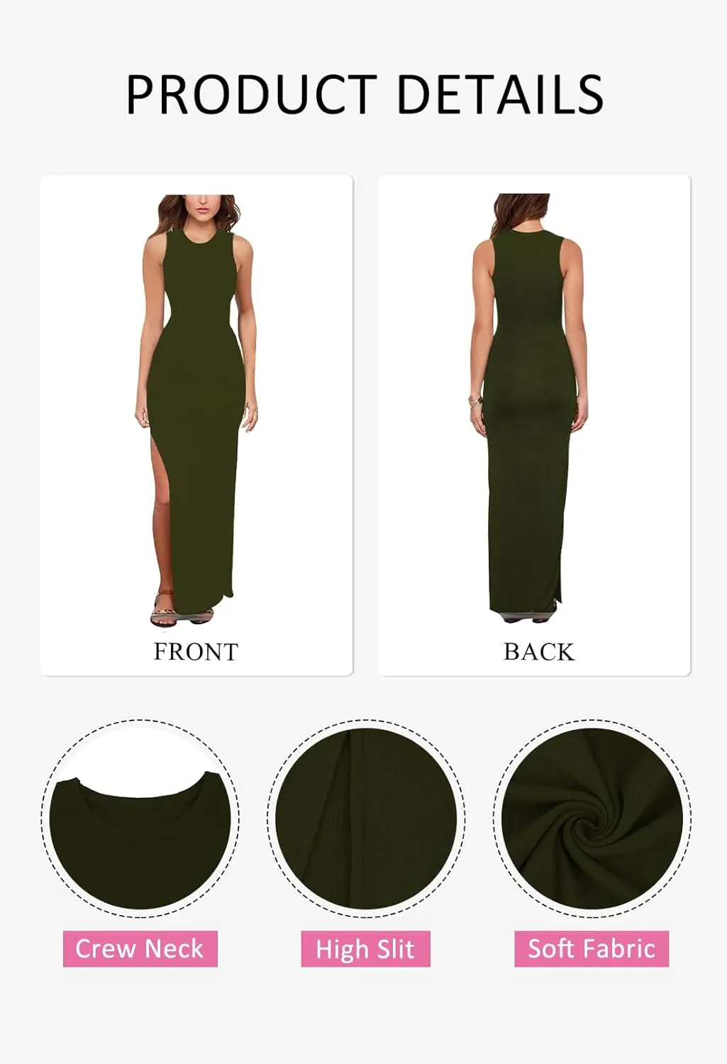 LaSuiveur Women's Sleeveless High Slit Bodycon Causal Dress Summer Beach Party Vacation Tank Maxi Dresses