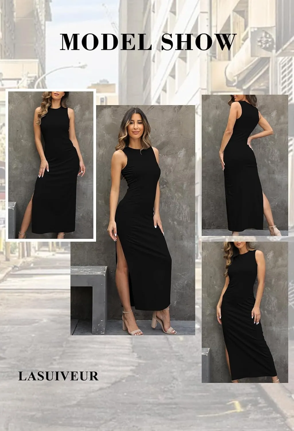 LaSuiveur Women's Sleeveless High Slit Bodycon Causal Dress Summer Beach Party Vacation Tank Maxi Dresses