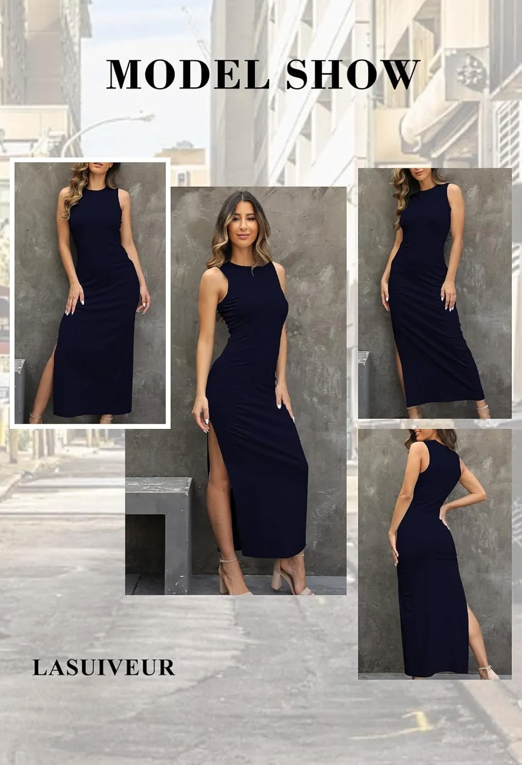LaSuiveur Women's Sleeveless High Slit Bodycon Causal Dress Summer Beach Party Vacation Tank Maxi Dresses
