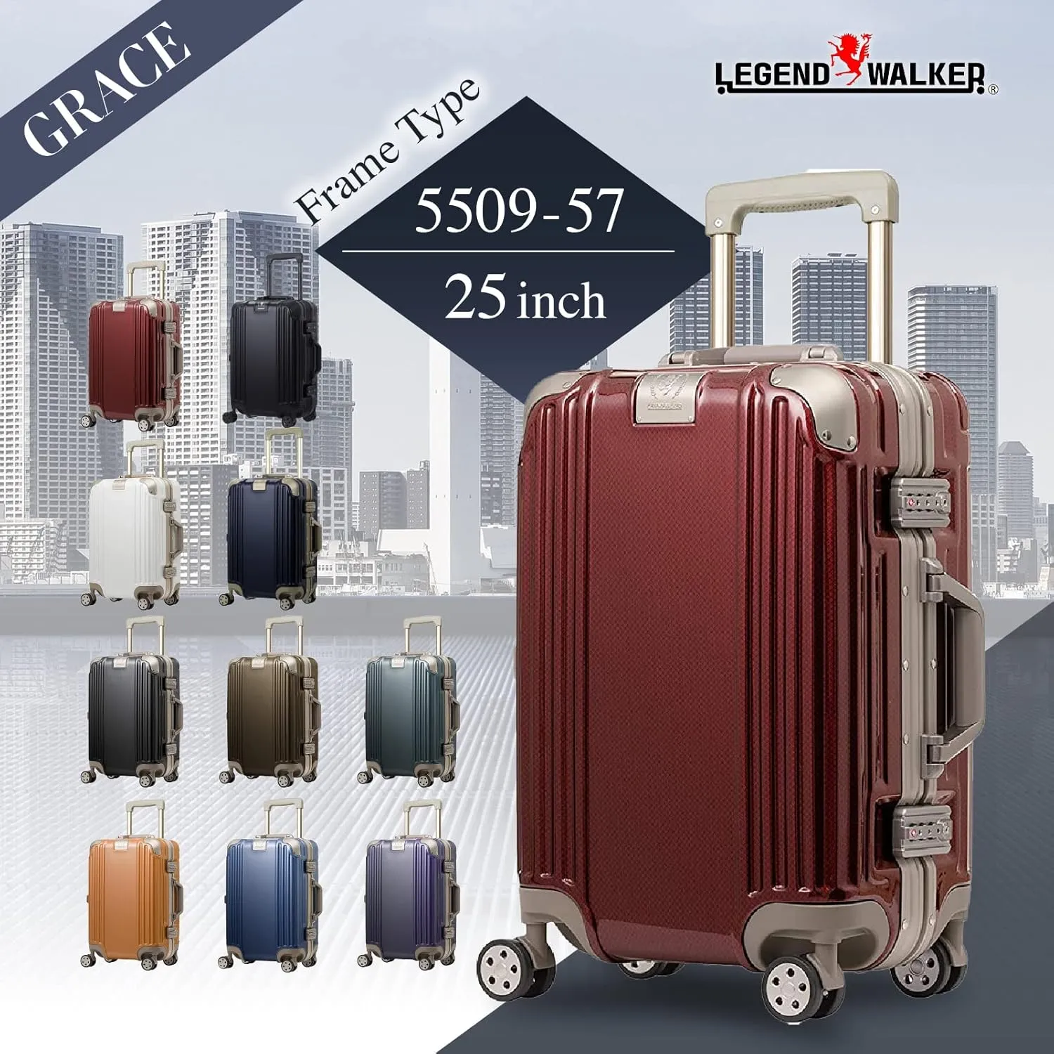 LEGEND WALKER Durable Aluminum Frame Luggage 25-inch, BrilliantWhite, 5509-57-WH