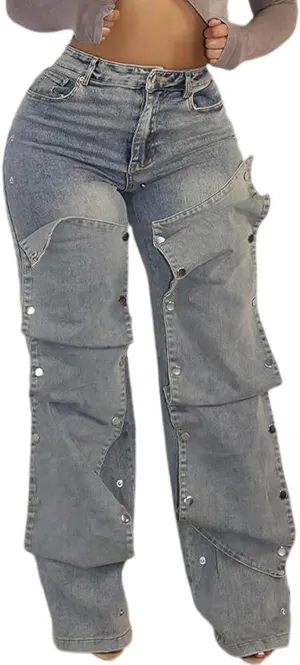 LETSVDO Women's High Waisted Cargo Jeans Straight Wide Leg Baggy Detachable Patchwork Asymmetrical Stretch Denim Pants