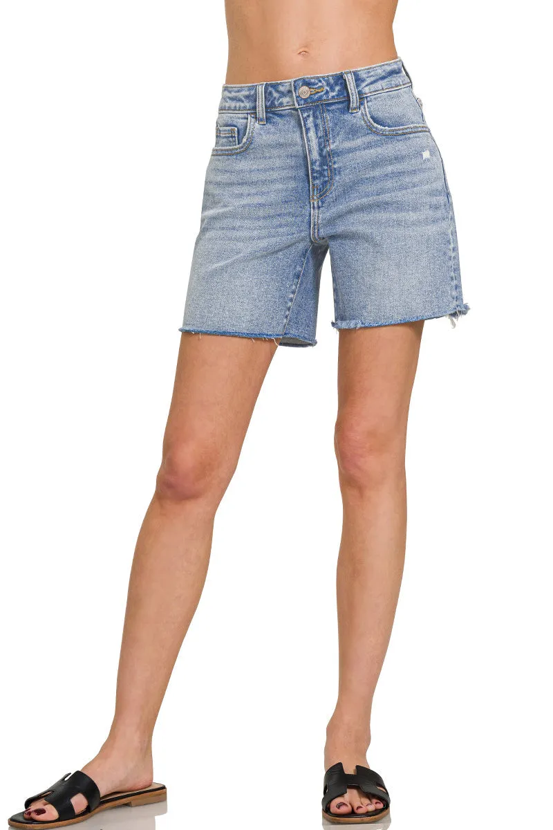 Light Wash Long Cut Off Shorts