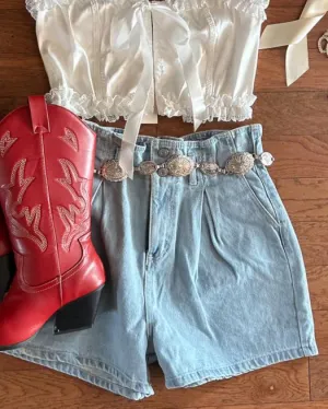 Light Wash Paperbag Denim Shorts