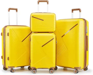 Lightweight and Durable 4-Piece Luggage Set with Expandable Features, 360 Spinner Wheels, Durable PP Material, Yellow
