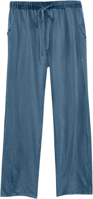 Lightweight Cotton Linen Pants Women Wide Leg Plus Size Summer Drawstring Elastic Waisted Casual Trousers with Pockets