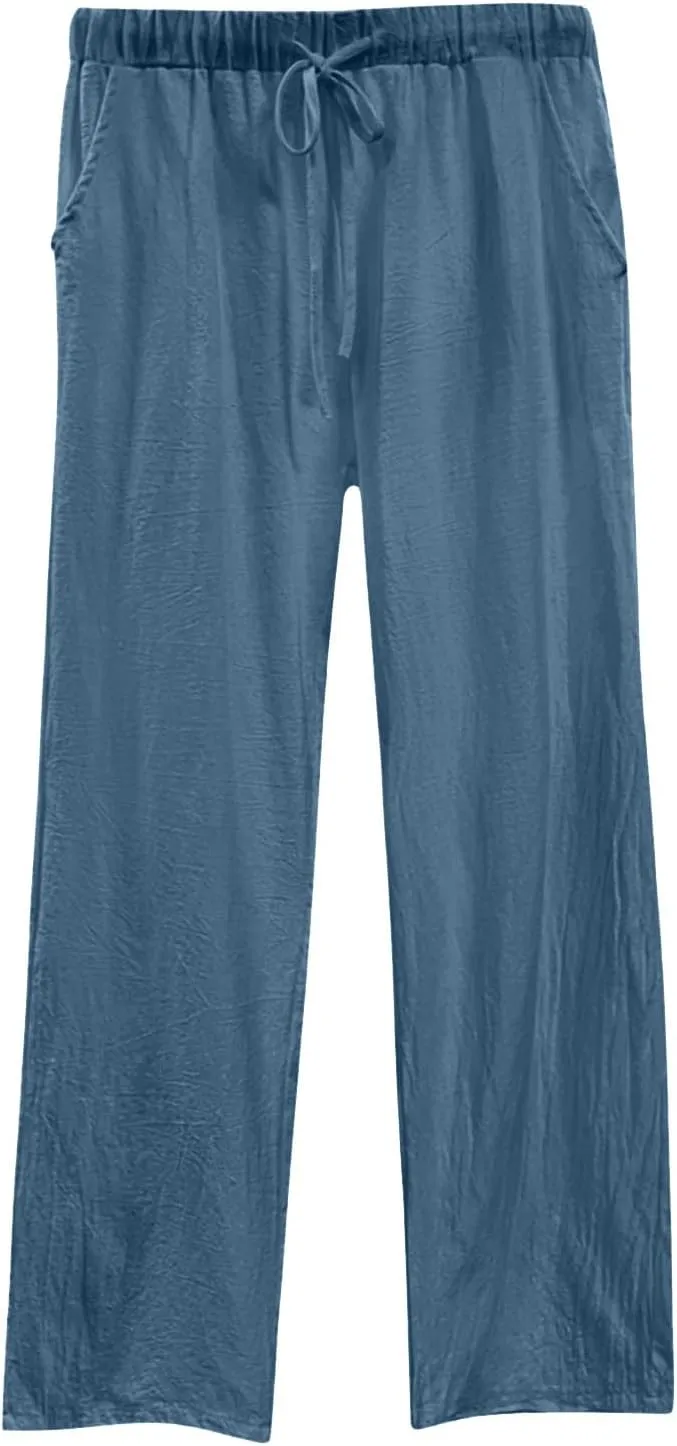 Lightweight Cotton Linen Pants Women Wide Leg Plus Size Summer Drawstring Elastic Waisted Casual Trousers with Pockets