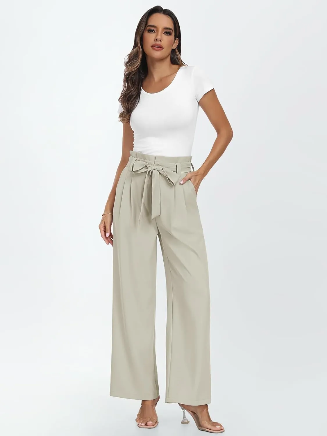 LILLUSORY Wide Leg Dress Pants Women's Paperbag High Waisted Business Casual Trousers with Removable Belt