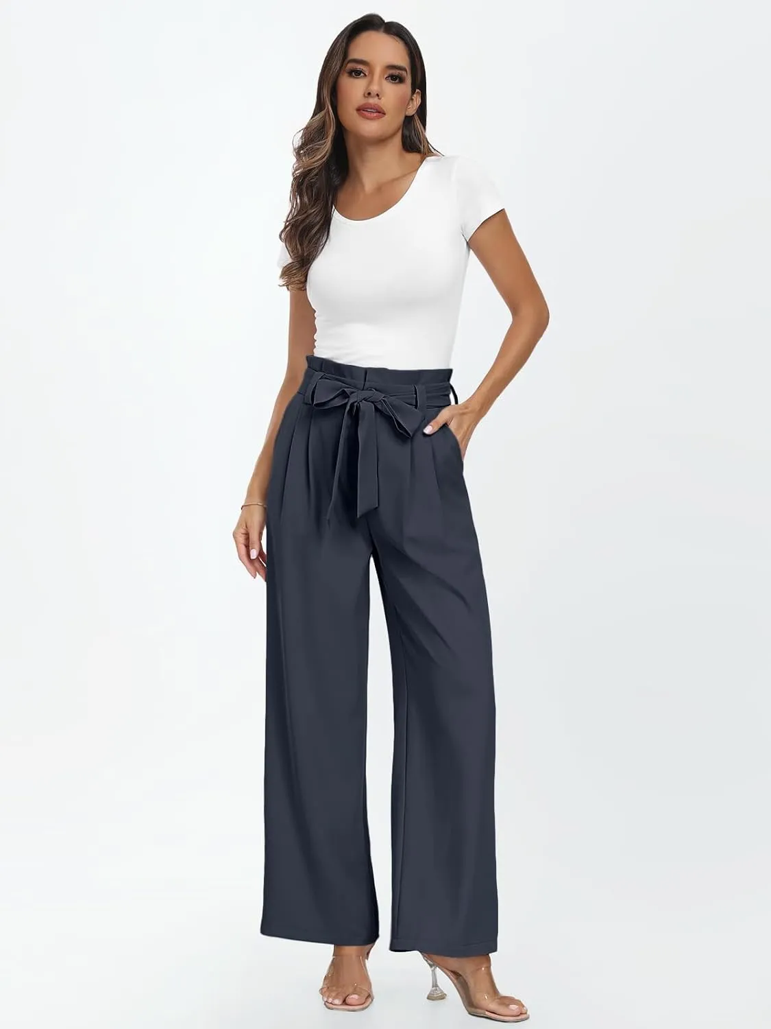 LILLUSORY Wide Leg Dress Pants Women's Paperbag High Waisted Business Casual Trousers with Removable Belt