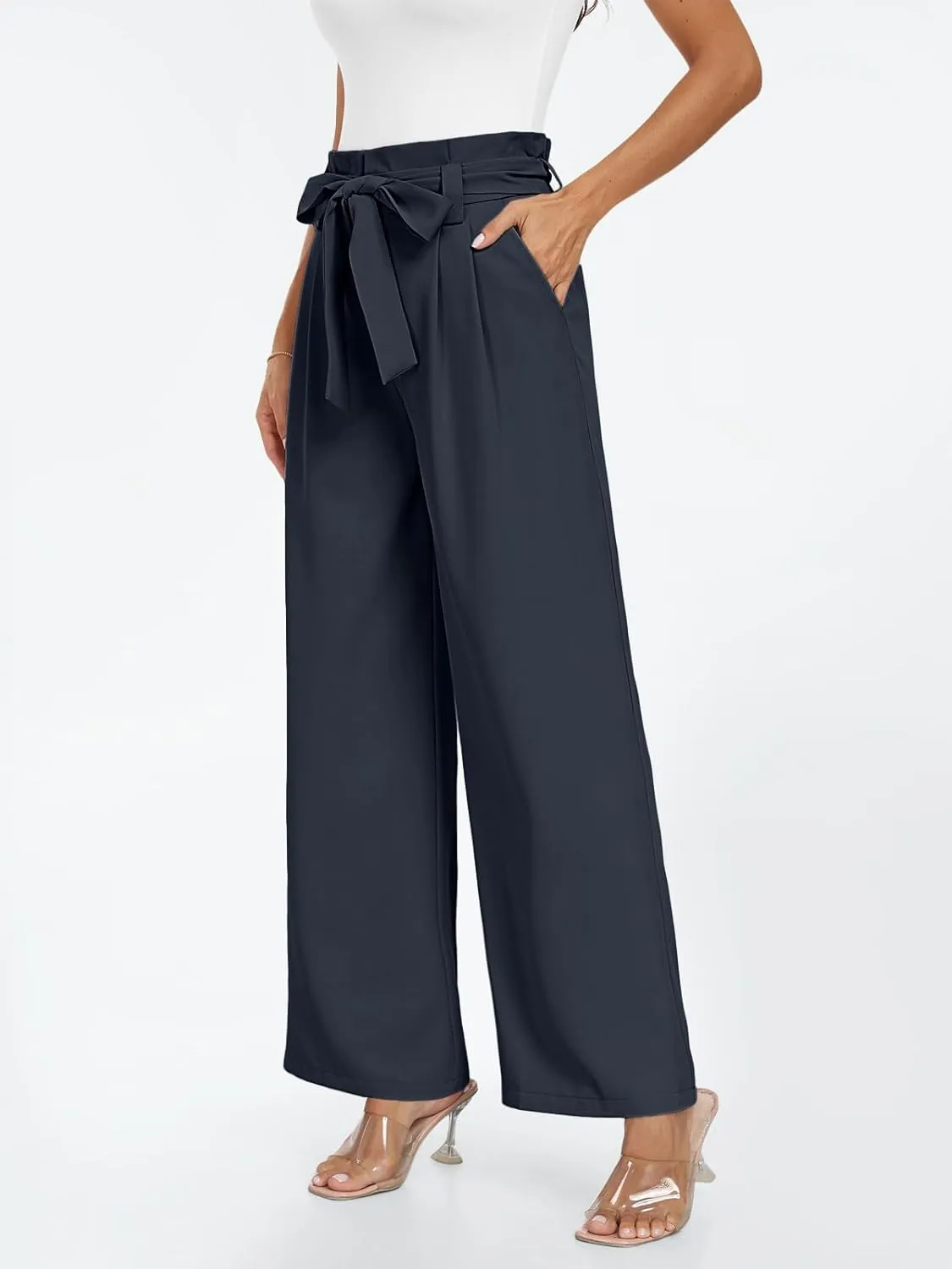 LILLUSORY Wide Leg Dress Pants Women's Paperbag High Waisted Business Casual Trousers with Removable Belt