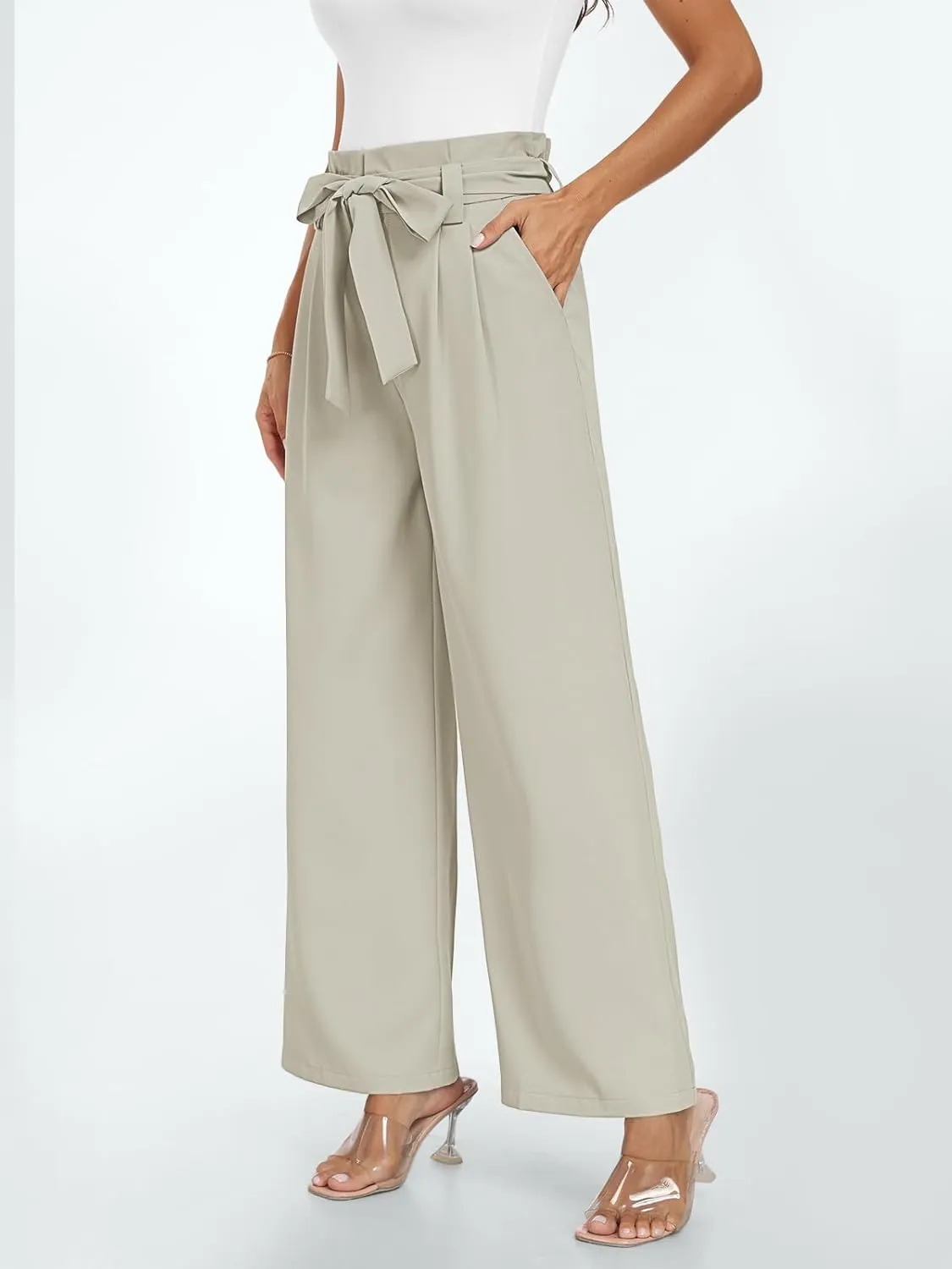 LILLUSORY Wide Leg Dress Pants Women's Paperbag High Waisted Business Casual Trousers with Removable Belt