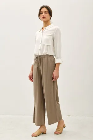 LINEN BLEND CROPPED WIDE LEG PANTS Khaki