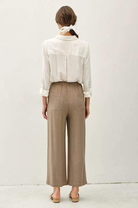 LINEN BLEND CROPPED WIDE LEG PANTS Khaki